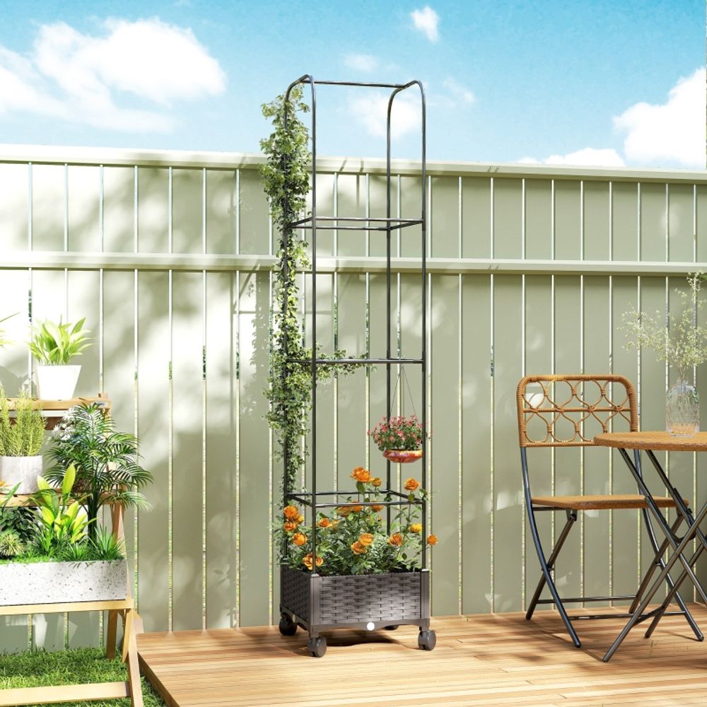 Jardinière avec treillis plastique acier balcon sur roulettes réserve eau 40x40x185cm noir