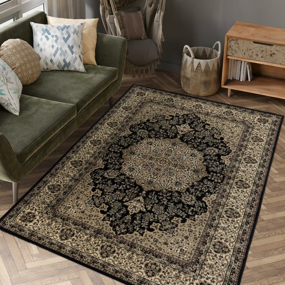 Tapis orient 80x150 rectangle noir et beige tissé motif classique tibricam