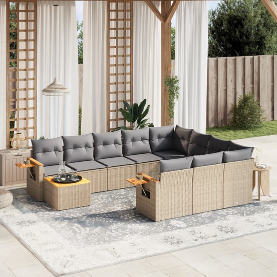 Salon de jardin 11 pcs avec coussins beige résine tressée