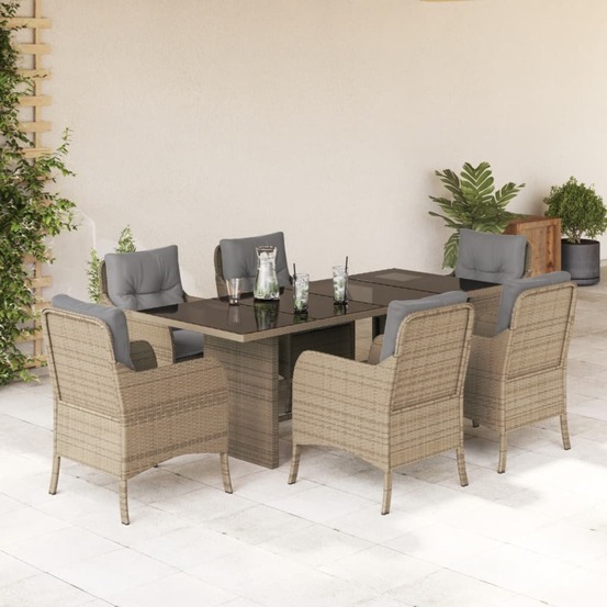 Ensemble à manger de jardin et coussins 7 pcs beige poly rotin