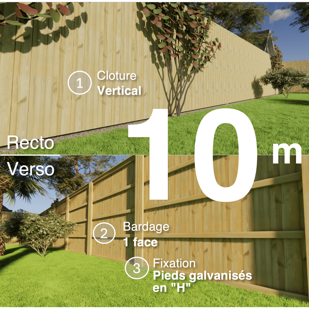 Kit clôture bois moderne 10m – h 2,3m – 21 x 130 mm autoclave vert – pose vertical – simple face – support galva