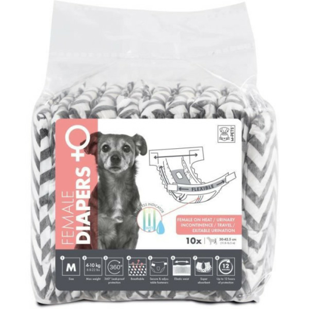 Couches pour chien - - diapers - femelle m x10 - tour de taille 30-42,5 cm - 4-10 kg - indicateur d'humidité - 12h prote