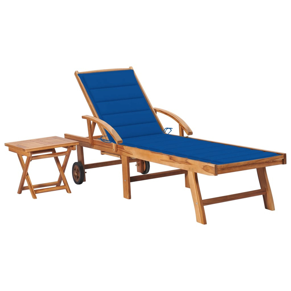Chaise longue avec table et coussin bois de teck solide bain de soleil