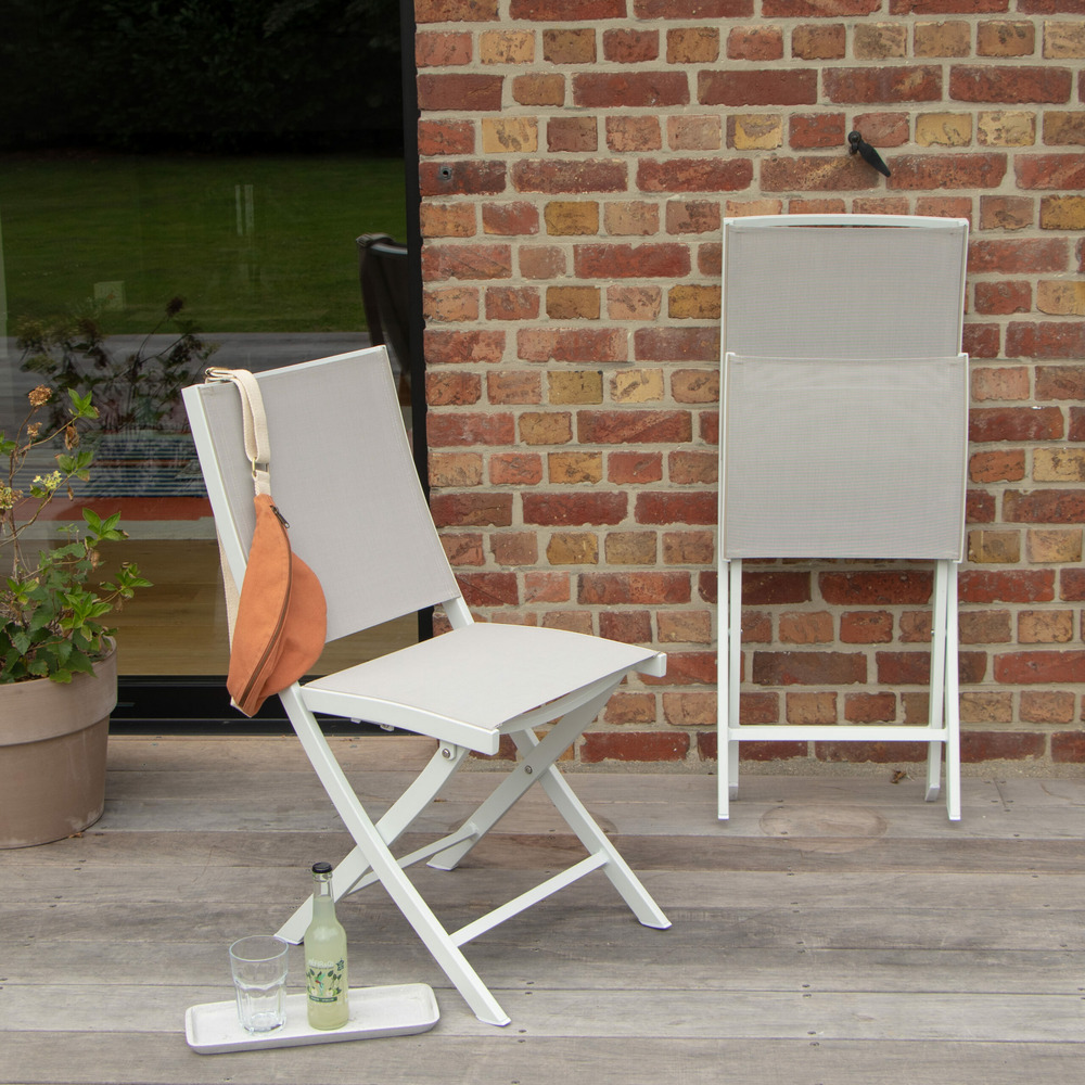Chaises pliantes white star en aluminium blanc, assise textilène grise