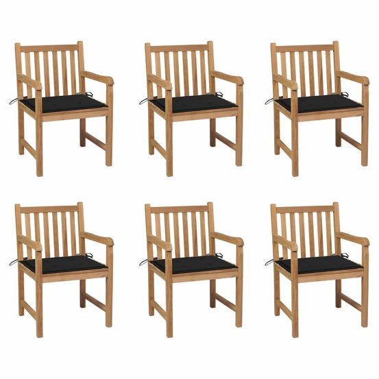 Chaises de jardin lot de 6 et coussins noir bois de teck massif