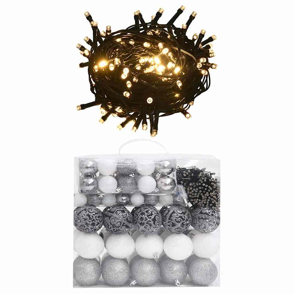Set de boules de noël avec pic et 300 led 120pcs blanc et gris