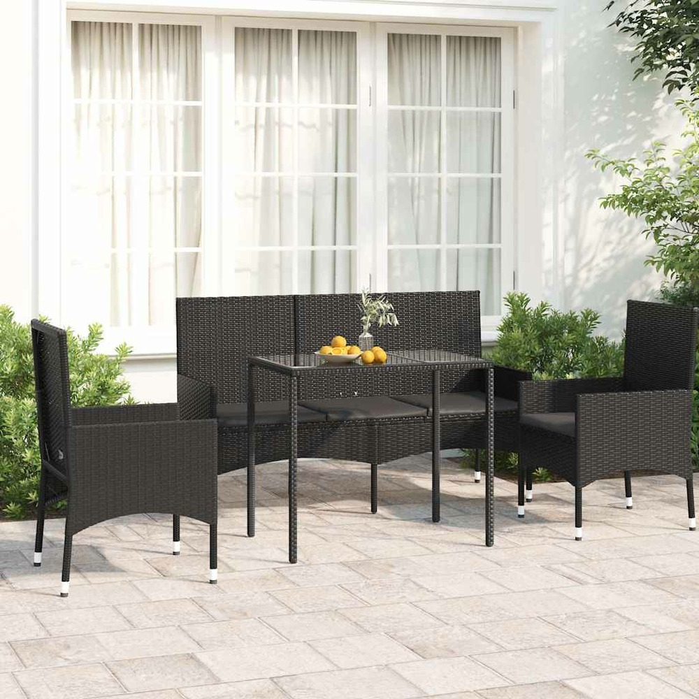 Salon de jardin 4 pcs avec coussins noir résine tressée