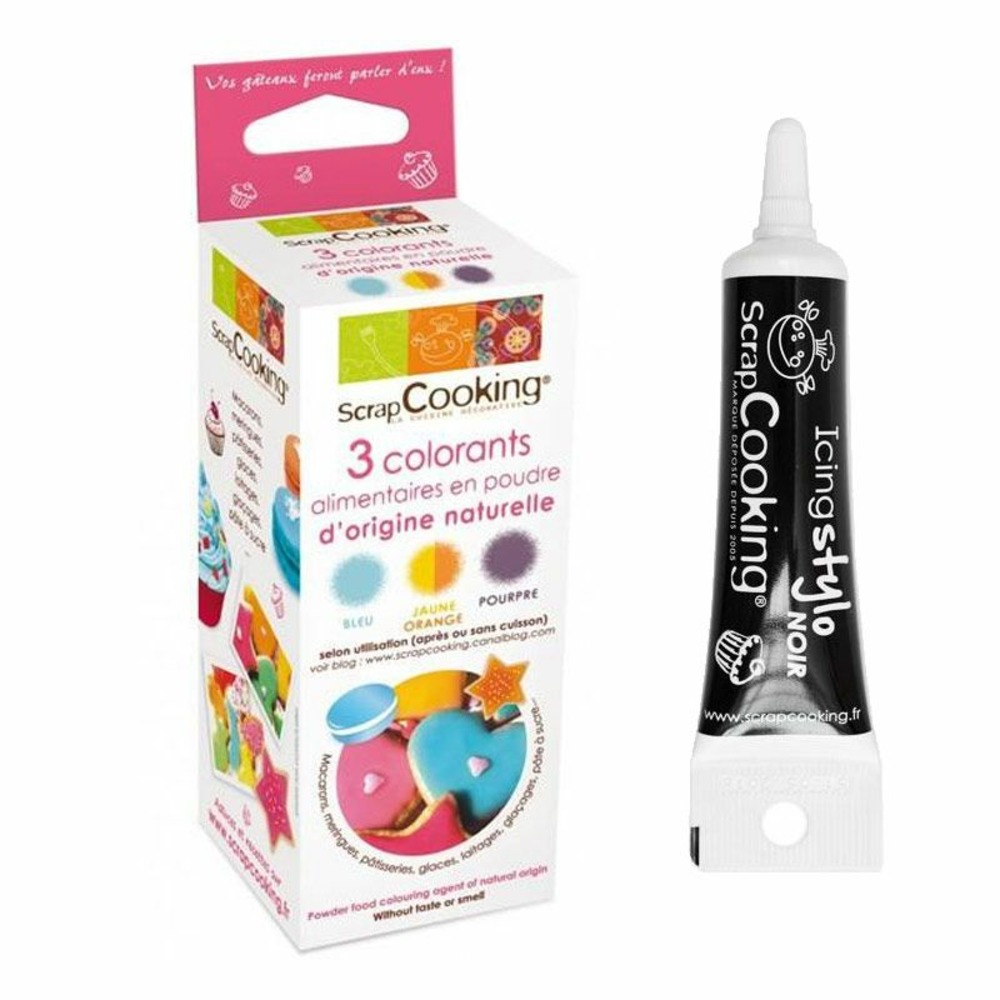 Colorants naturels pourpre-orange-bleu + stylo de glaçage noir