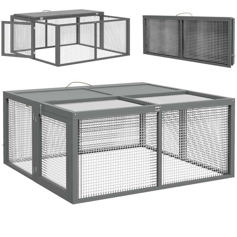 Clapier lapin pliable bois sapin intérieur extérieur avec poignée 110x105x50cm gris