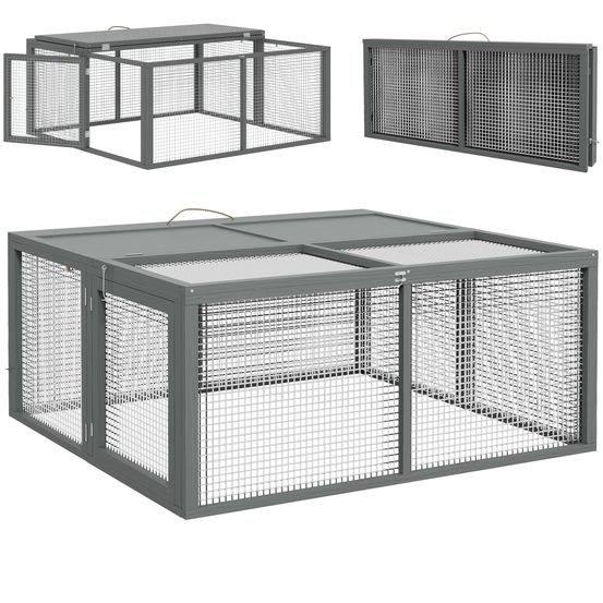 Clapier lapin pliable bois sapin intérieur extérieur avec poignée 110x105x50cm gris