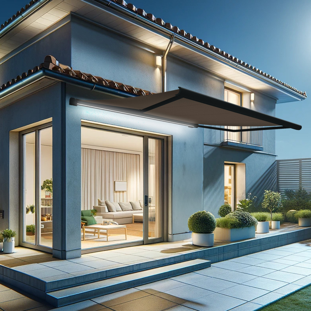 Store banne coffre intégral hevoa 4,00x3,00 m (motorisé secours à télécommande + led - gris anthracite stucturé ral7016st - taupe)