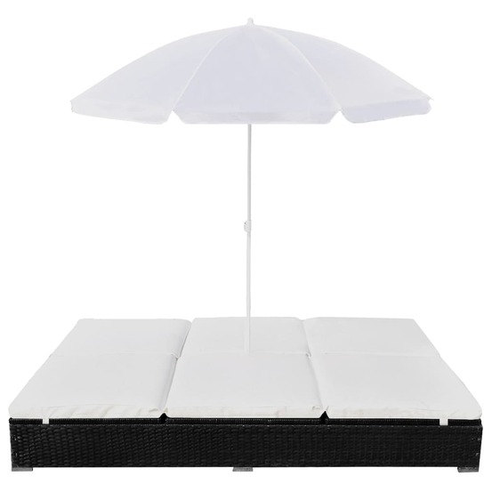 Chaise longue d'extérieur avec parasol résine tressée noir