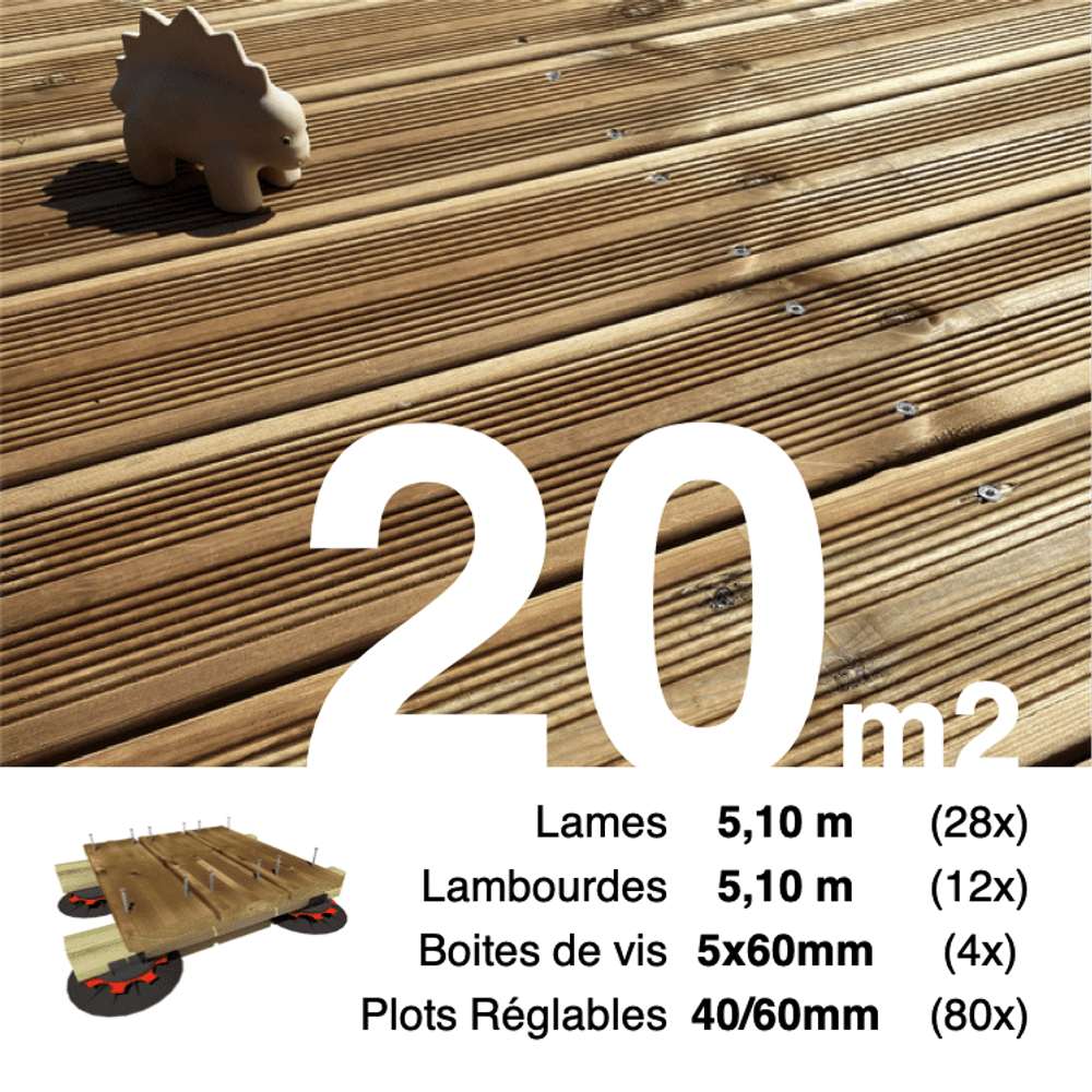 Kit complet terrasse pin autoclave marron pour 20 m², lames 5,1 m, lambourdes 5,1 m, plots réglables et visserie inox.