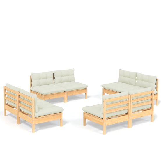 Salon de jardin 8 pcs avec coussins crème bois de pin