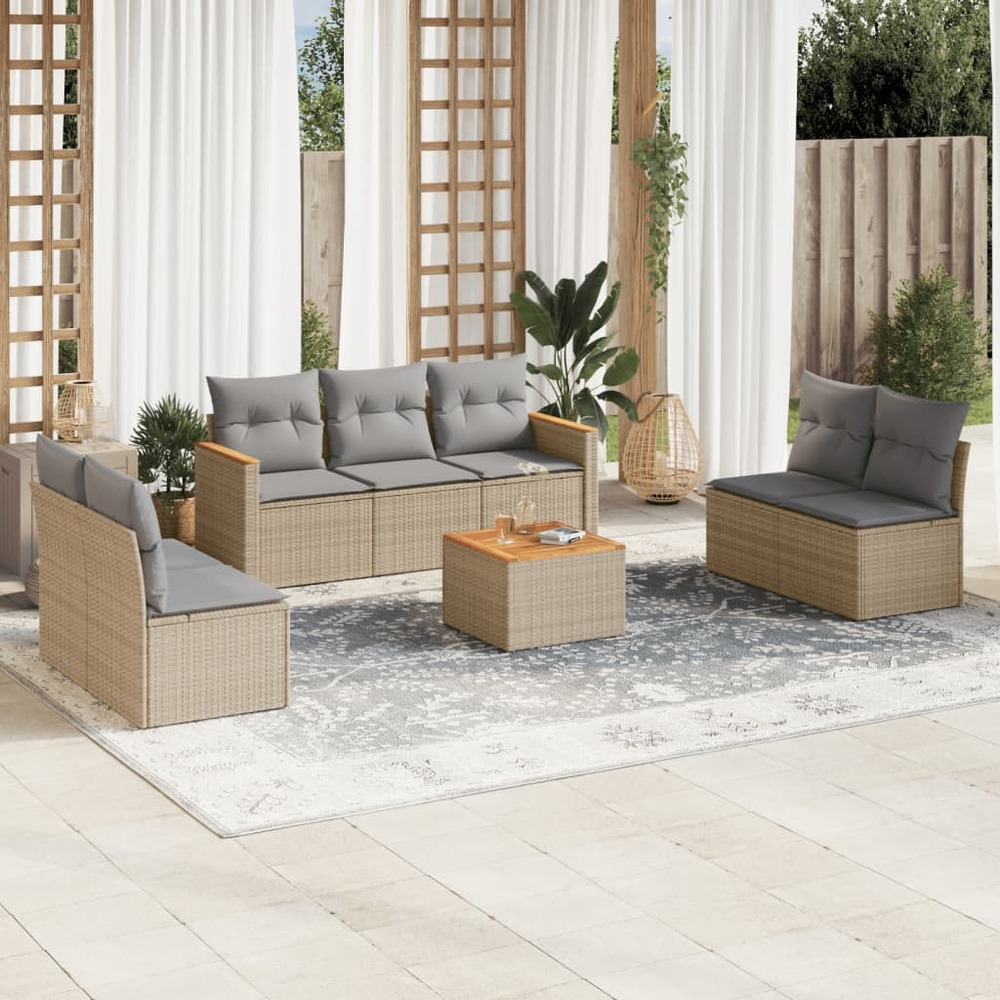 Salon de jardin avec coussins 8 pcs beige résine tressée