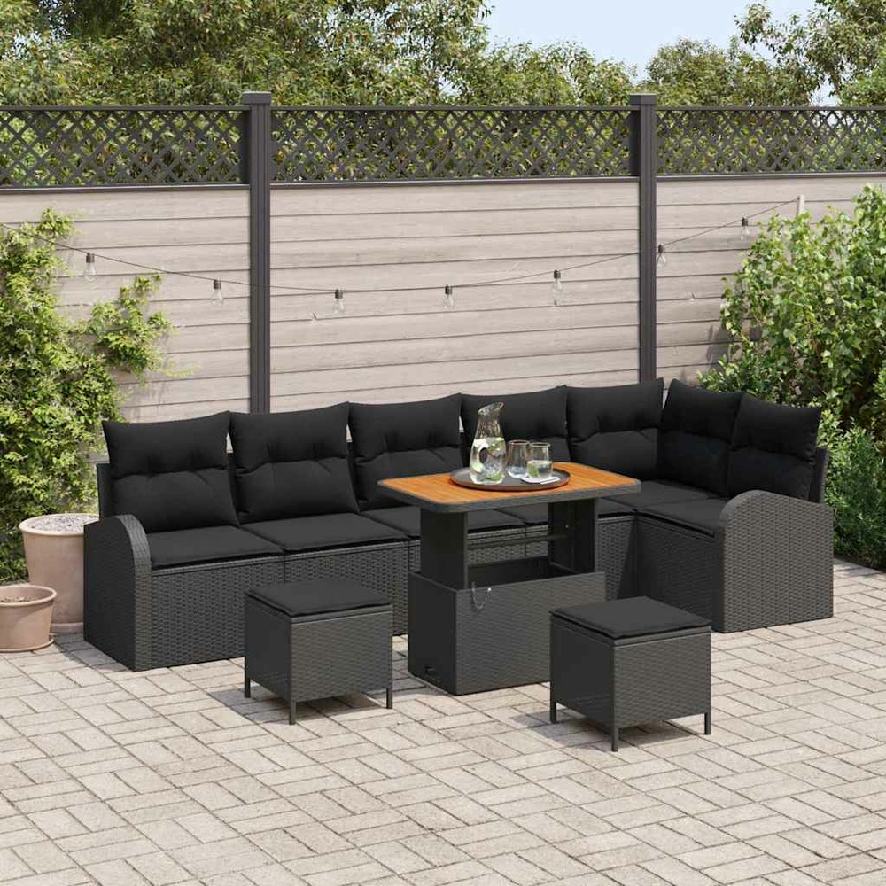 Ensemble de canapé de jardin avec coussin 9 pcs noir polyrotin