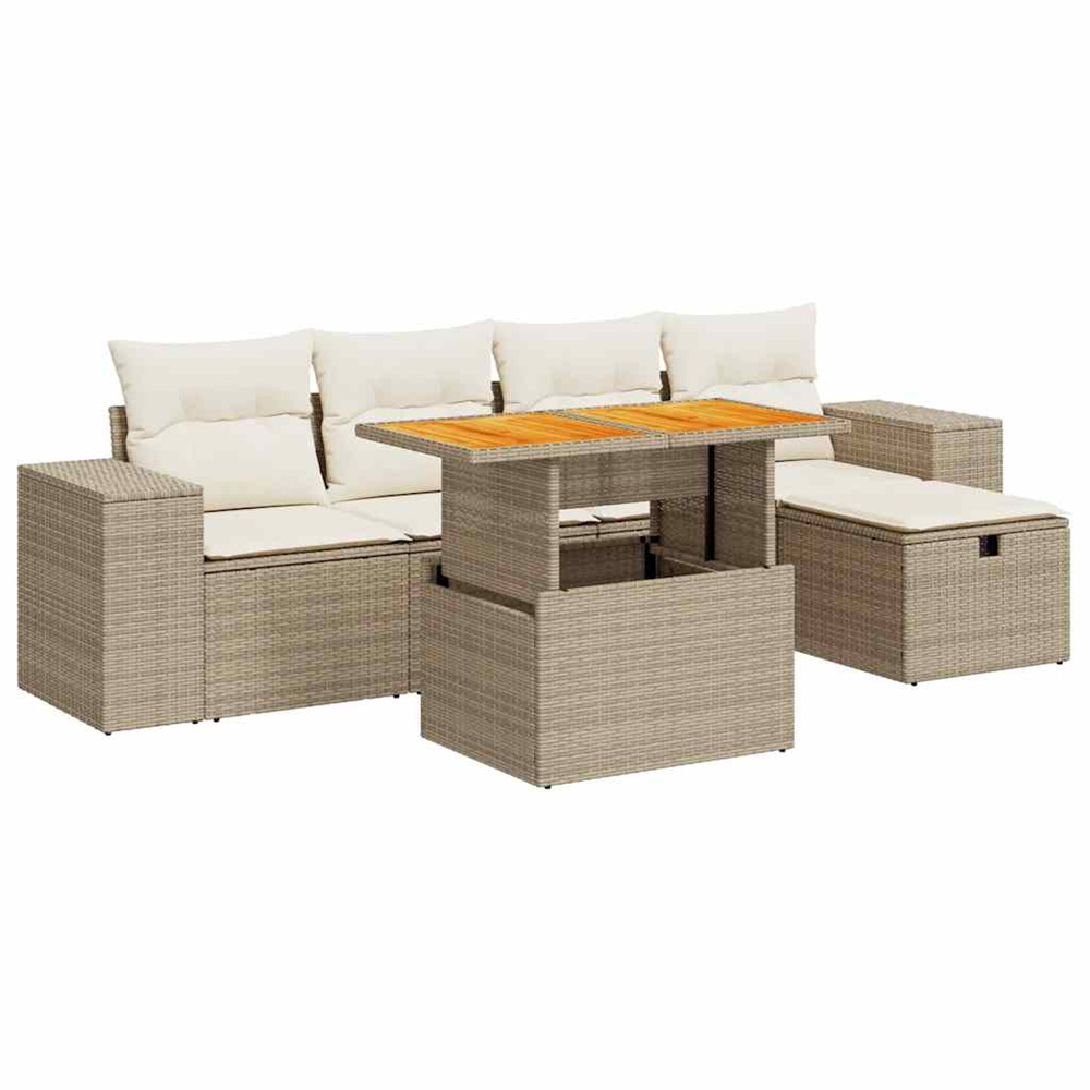 Salon de jardin 6 pcs avec coussins beige résine tressée acacia
