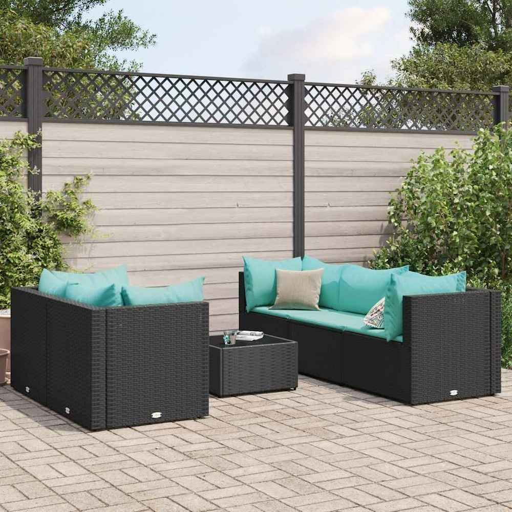 Salon de jardin 6 pcs avec coussins noir résine tressée