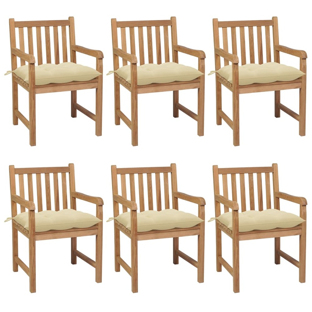 Chaises de jardin 6 pcs avec coussins blanc crème teck solide