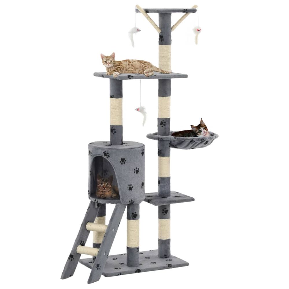 Arbre à chat 138 cm avec griffoir sisal et niche motif pattes gris