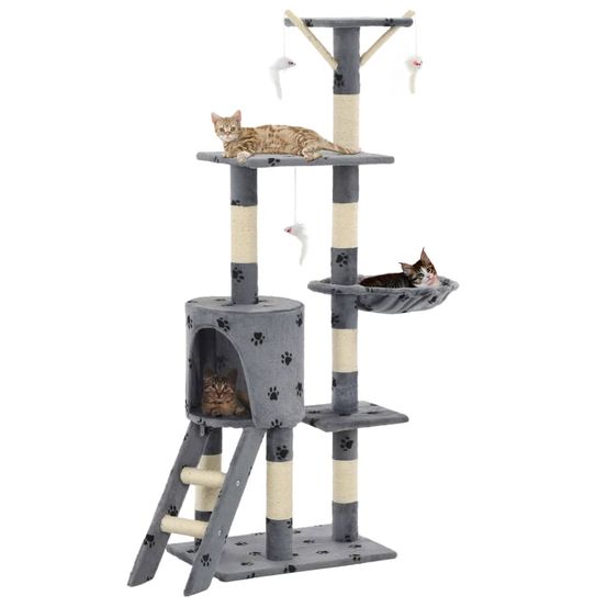 Arbre à chat 138 cm avec griffoir sisal et niche motif pattes gris