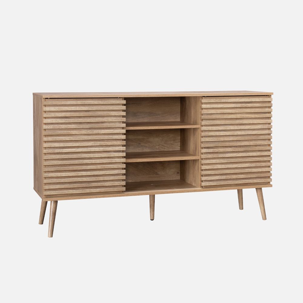 Buffet scandinave décor bois avec 2 portes coulissantes rainurées et 4 étagères, buffet bas, l 140