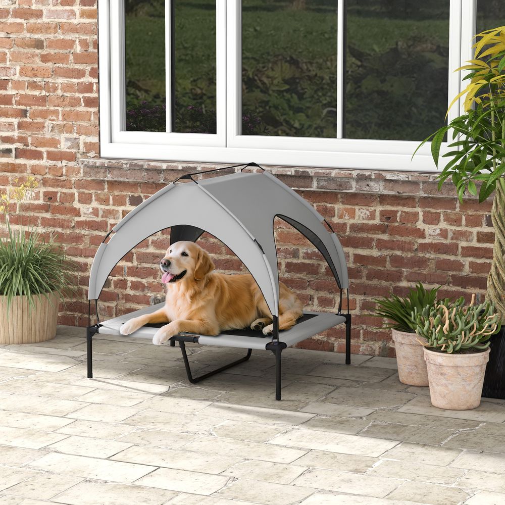 Lit surélevé pour chien en acier et tissu oxford gris clair 91 x 76 x 85 cm pour jardin avec auvent pare-soleil