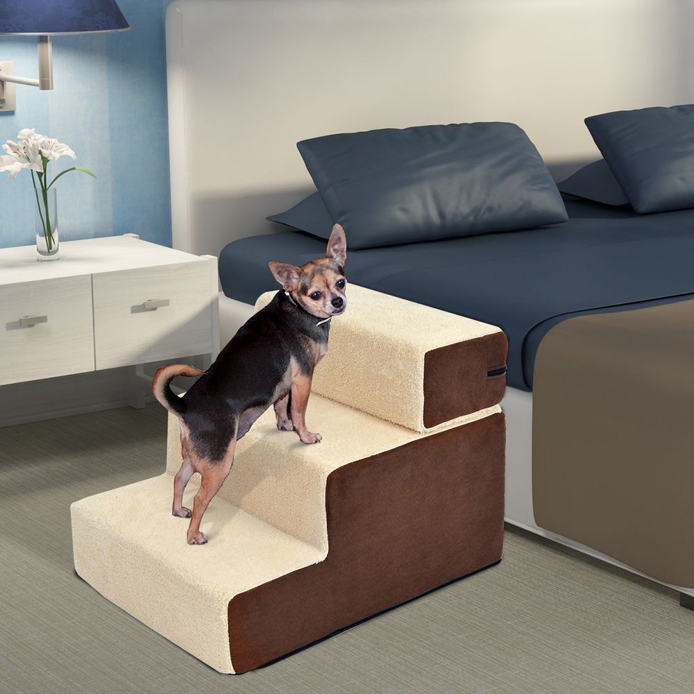 Escalier pour animaux en peluche beige 54 x 40 x 39 cm 3 marches pour chat et petit chien accès lit canapé modulable