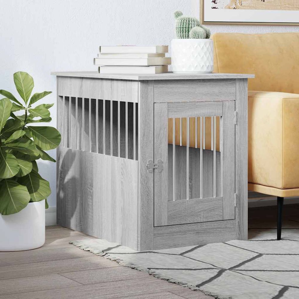 Meuble cage pour chien 2-en-1 niche d'intérieur et table d'appoint bois sonoma gris 80cm