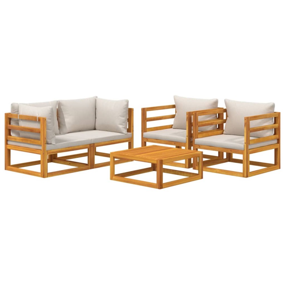 Salon de jardin meuble d'extérieur ensemble de mobilier 5 pièces avec coussins gris clair bois massif