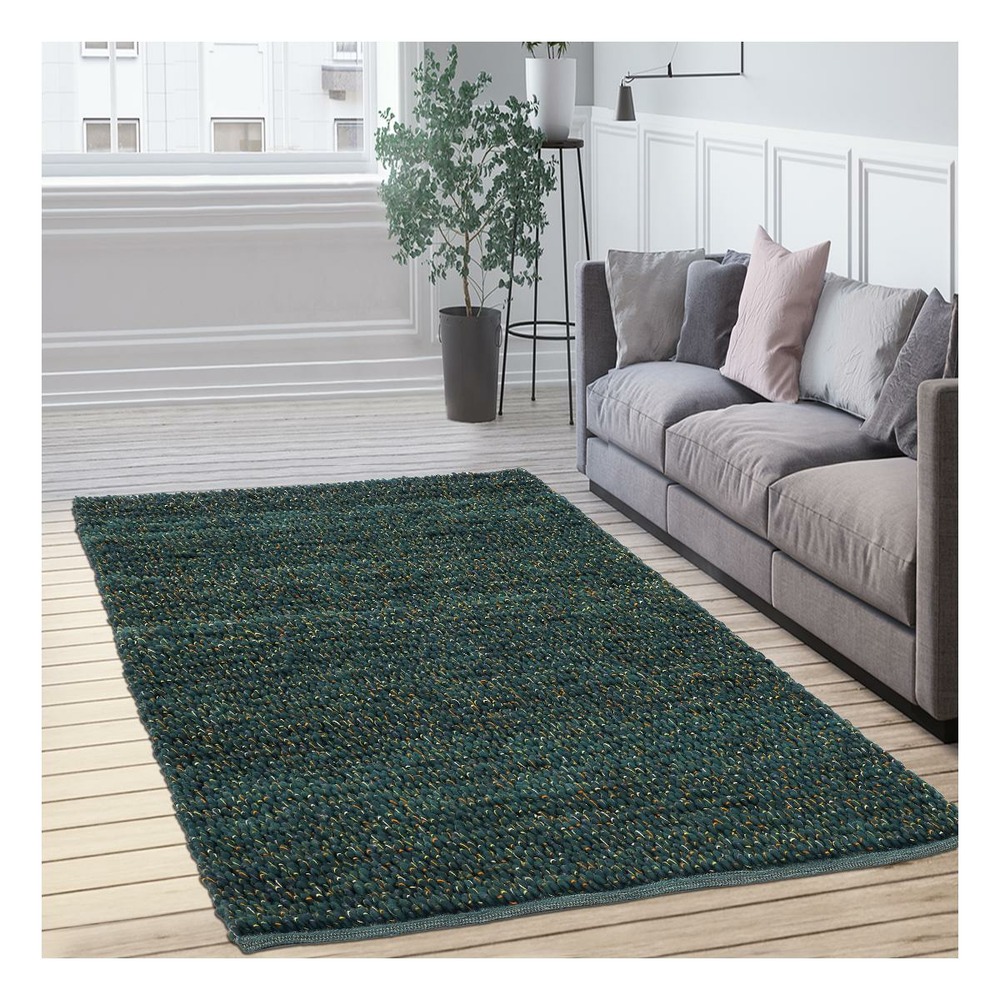 Tapis salle à manger 250x350 tissé en laine vert rectangle motif uni coble
