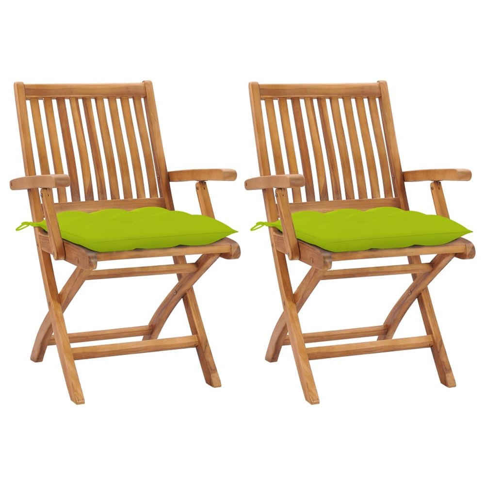 Chaises pliantes (lot de 2) avec coussins vert vif, en bois de teck massif