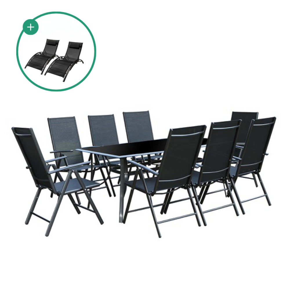 Salon de jardin aluminium 8 fauteuils + duo transats noir rimini