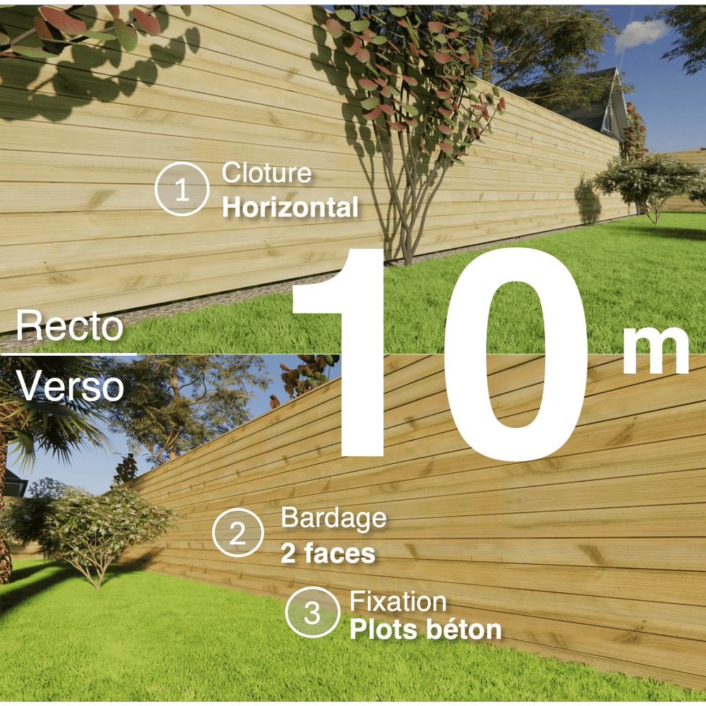 Kit clôture bois moderne 10m – h 1,9m – 21 x 130 mm autoclave vert – pose horizontal – double face – à sceller