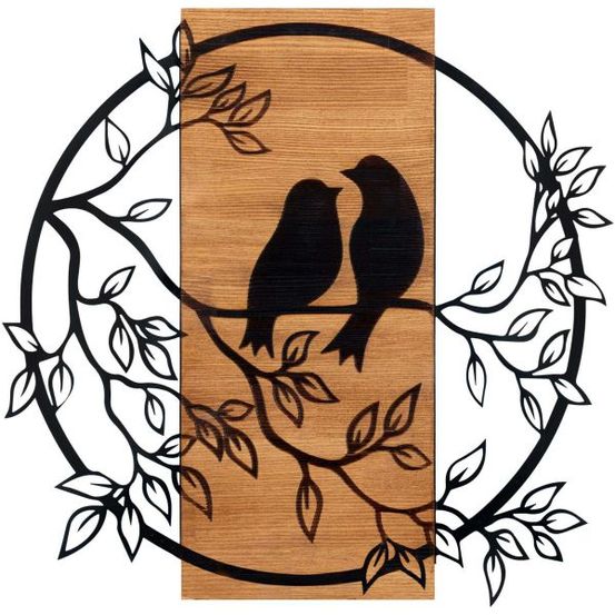 Décoration murale en bois et métal birds in love