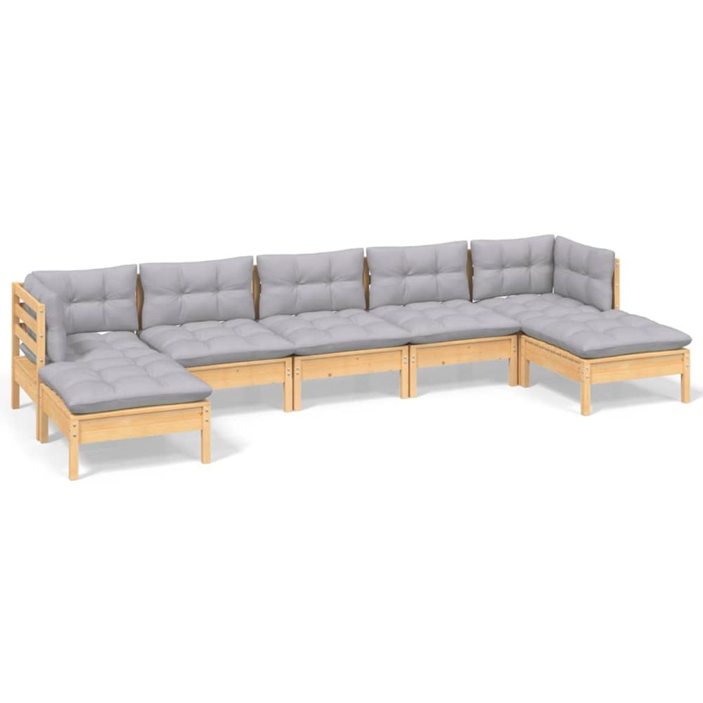 Salon de jardin 7 pcs avec coussins gris bois de pin