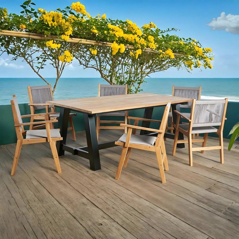 Ensemble table de jardin en teck et 6 fauteuils gris