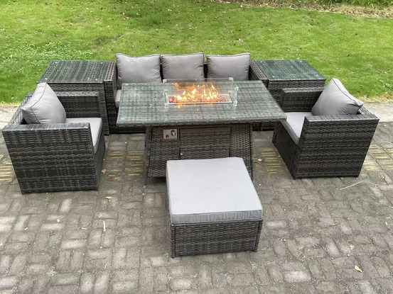 6 places outdoor pe rotin garden furniture set foyer à gaz table à manger chauffage à gaz brûleur avec 2 fauteuils 2 tables