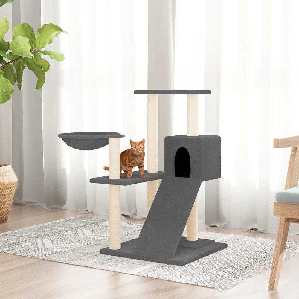 Arbre à chat design avec niche hamac et griffoirs sisal gris foncé