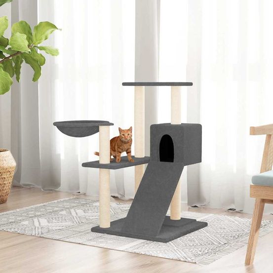 Arbre à chat design avec niche hamac et griffoirs sisal gris foncé