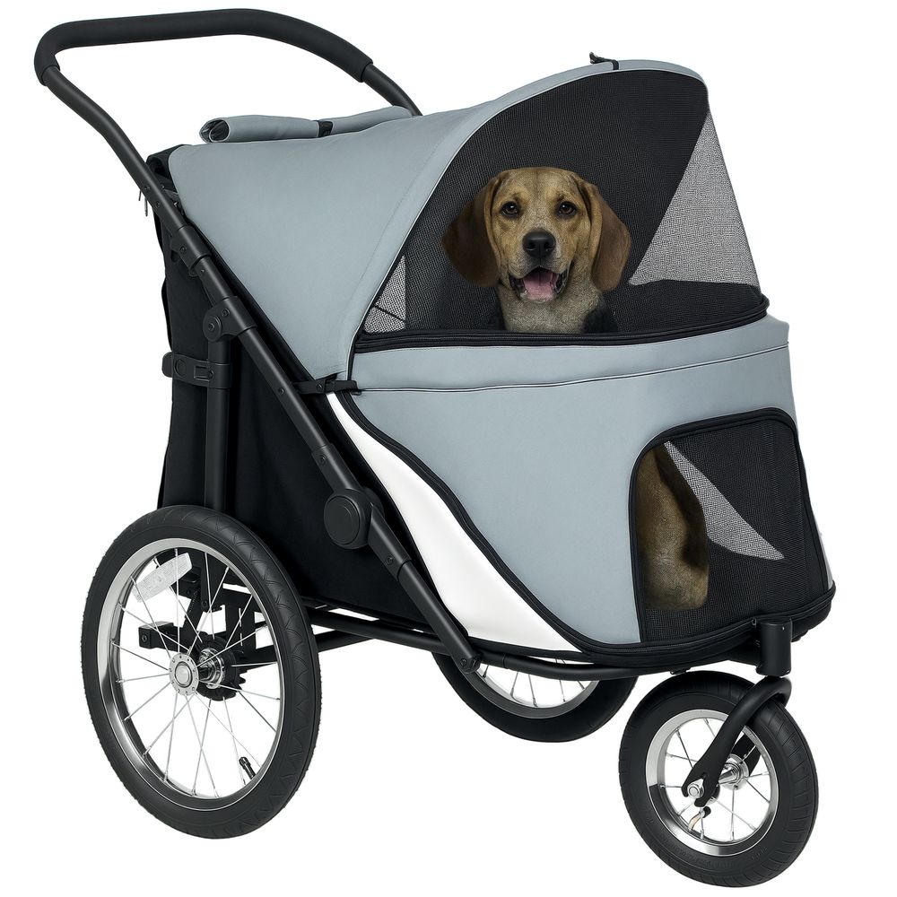 Poussette chien chat tissu oxford promenades plein air roues tout terrain gris