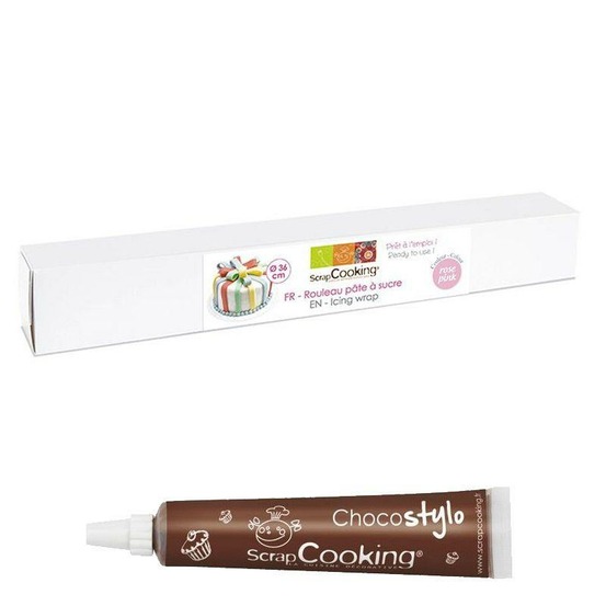 Pâte à sucre en rouleau prête à dérouler ø 36 cm rose + 1 stylo chocolat