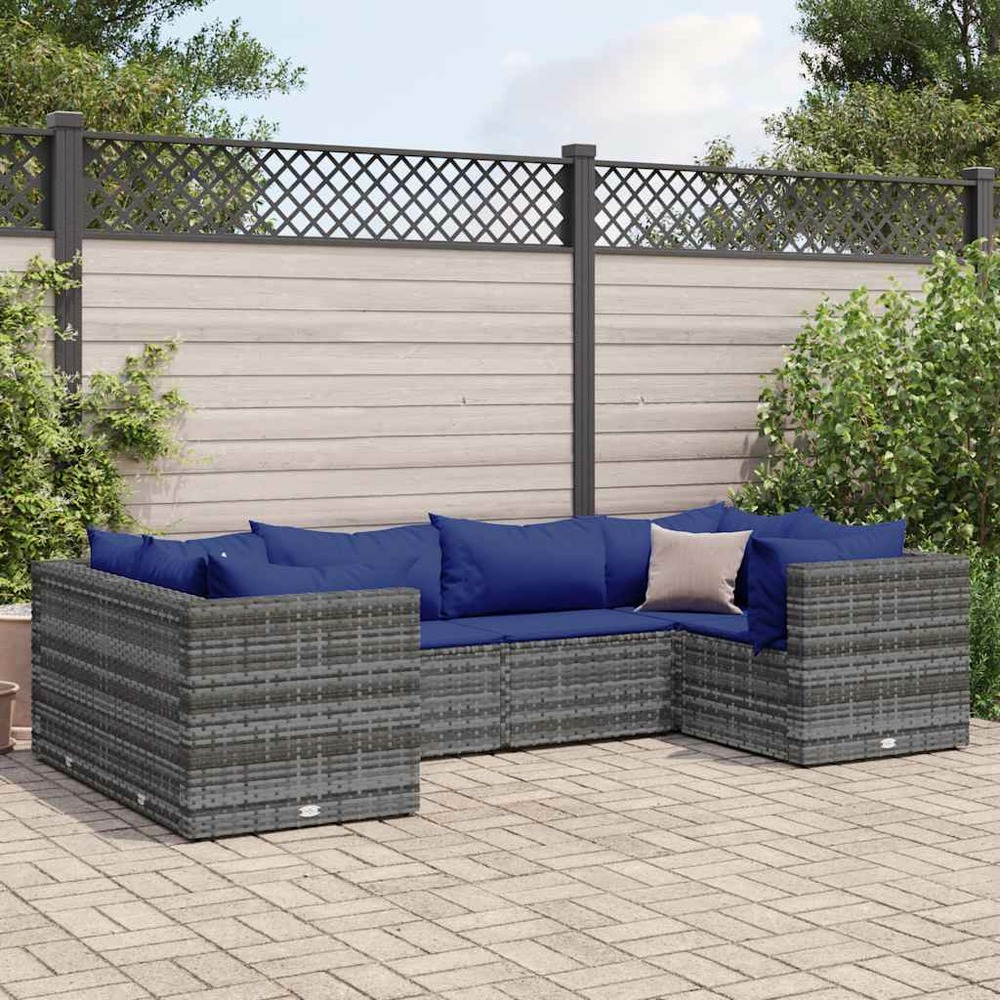 Salon de jardin 6 pcs avec coussins gris résine tressée