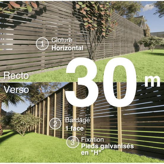 Kit clôture bois moderne 30m – h 2,3m – 20 x 70 mm noir par trempage – pose horizontal – simple face – support galva