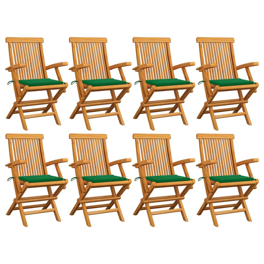 Chaises pliantes avec coussins verts, 8 pièces, en bois de teck massif