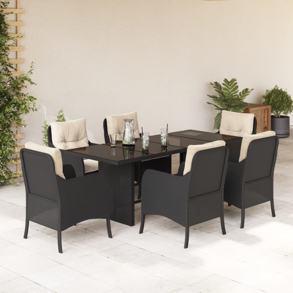 Ensemble à manger de jardin coussins 7pcs noir résine tressée