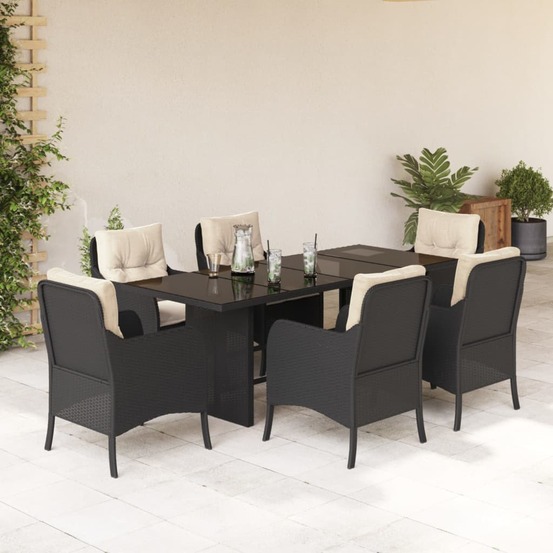 Ensemble à manger de jardin coussins 7pcs noir résine tressée