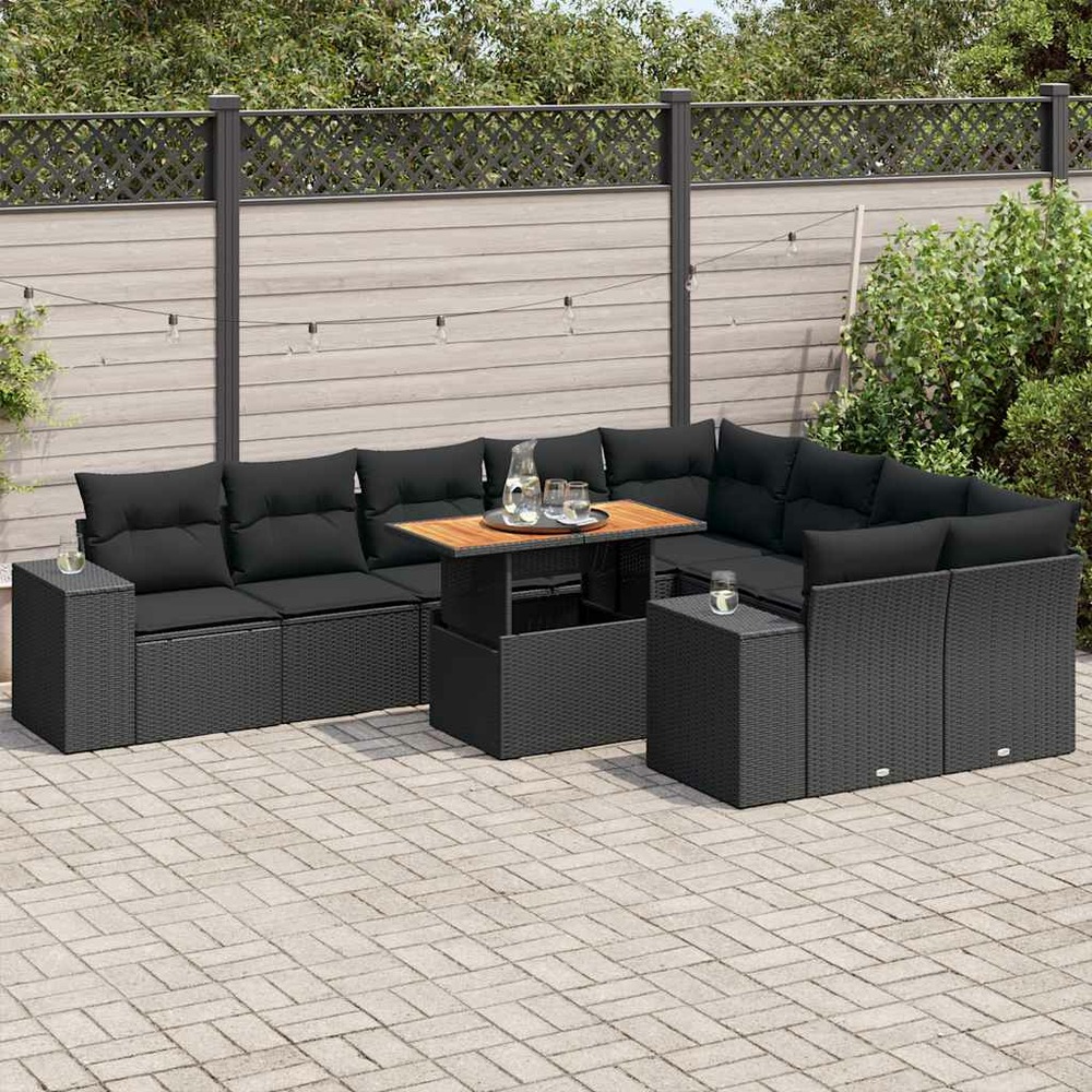 Salon de jardin 10 pcs avec coussins noir résine tressée acacia