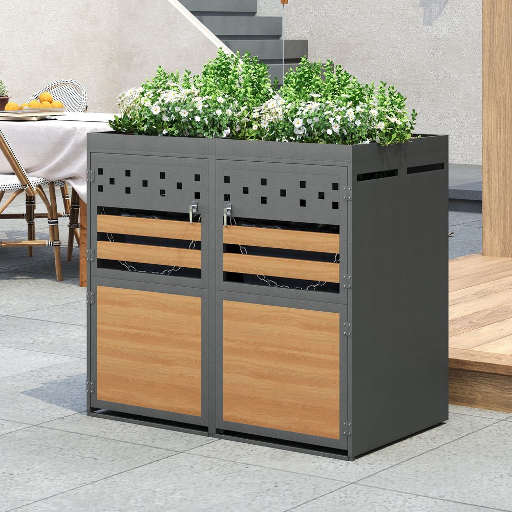 Cache-poubelle acier galvanisé 2 bacs toit végétalisable 132x80x125cm anthracite bois - comfortxl outdoor living