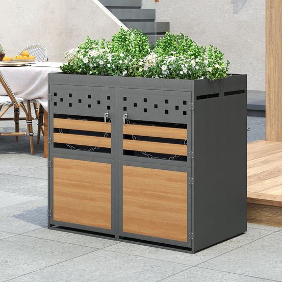 Cache-poubelle acier galvanisé 2 bacs toit végétalisable 132x80x125cm anthracite bois - comfortxl outdoor living